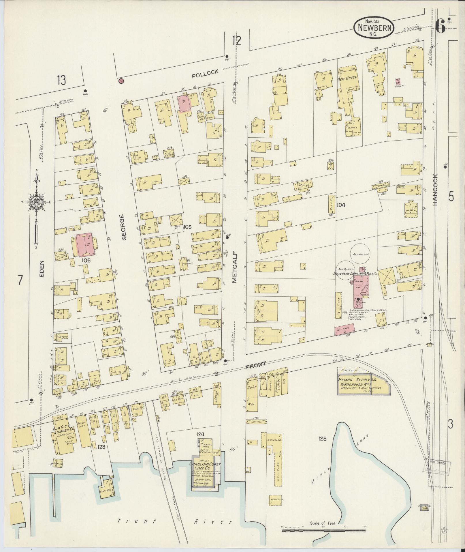 Sanborn Fire Insurance Map from New Bern, Craven County, North Carolina (1913), Sheet #0006 - Historic Sanborn Fire Insurance Map Print, vintage old map wall art, antique decor, genealogy gift, North Carolina North Carolina map