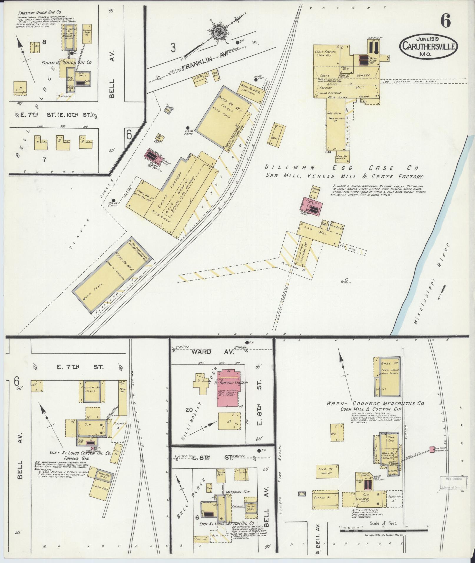 Sanborn Fire Insurance Map from Caruthersville, Pemiscot County, Missouri (1919), Sheet #0006 - Historic Sanborn Fire Insurance Map Print, vintage old map wall art, antique decor, genealogy gift, Missouri Missouri map
