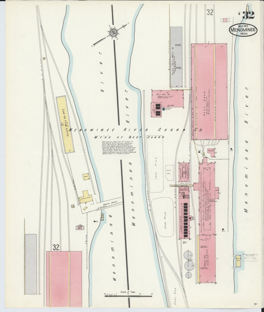 Sanborn Fire Insurance Map from Menominee, Menominee County, Michigan (1913), Sheet #0032 - Historic Sanborn Fire Insurance Map Print, vintage old map wall art, antique decor, genealogy gift, Michigan Michigan map