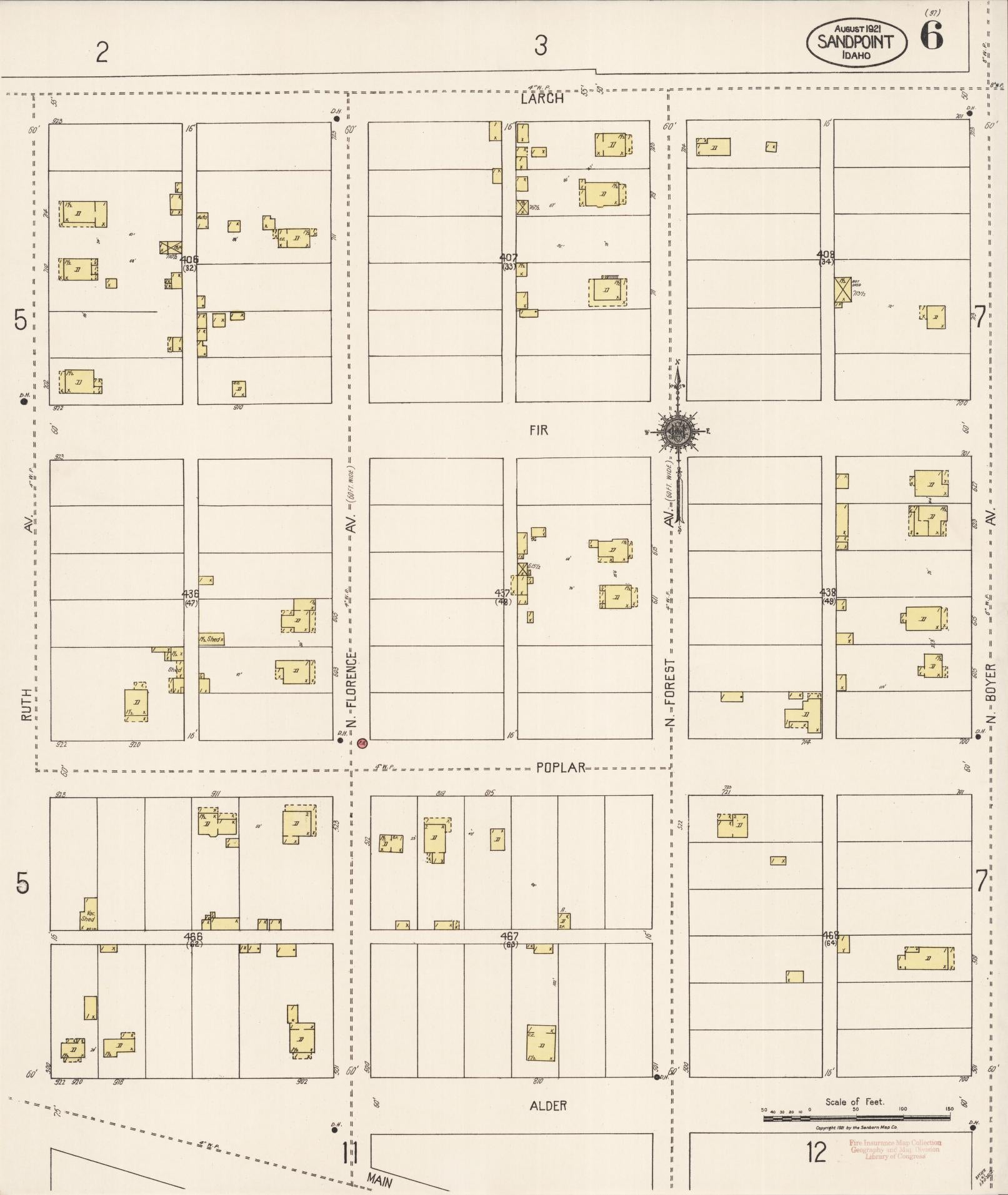 Sanborn Fire Insurance Map from Sandpoint, Bonner County, Idaho (1921), Sheet #0006 - Complete Map Set gallery image, historic Sanborn map, vintage wall art, Idaho Idaho