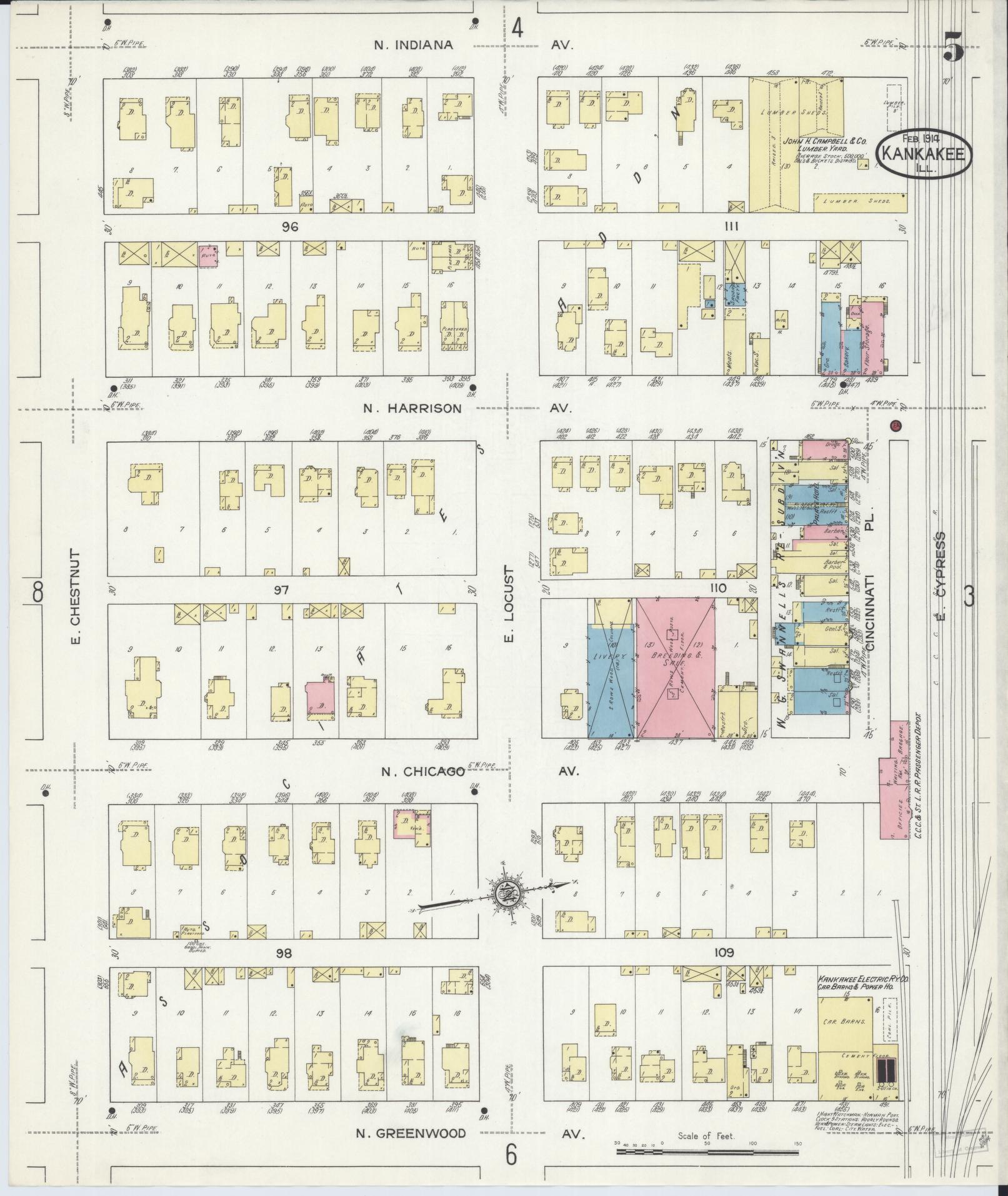 Sanborn Fire Insurance Map from Kankakee, Kankakee County, Illinois (1914), Sheet #0005 - Complete Map Set gallery image, historic Sanborn map, vintage wall art, Illinois Illinois
