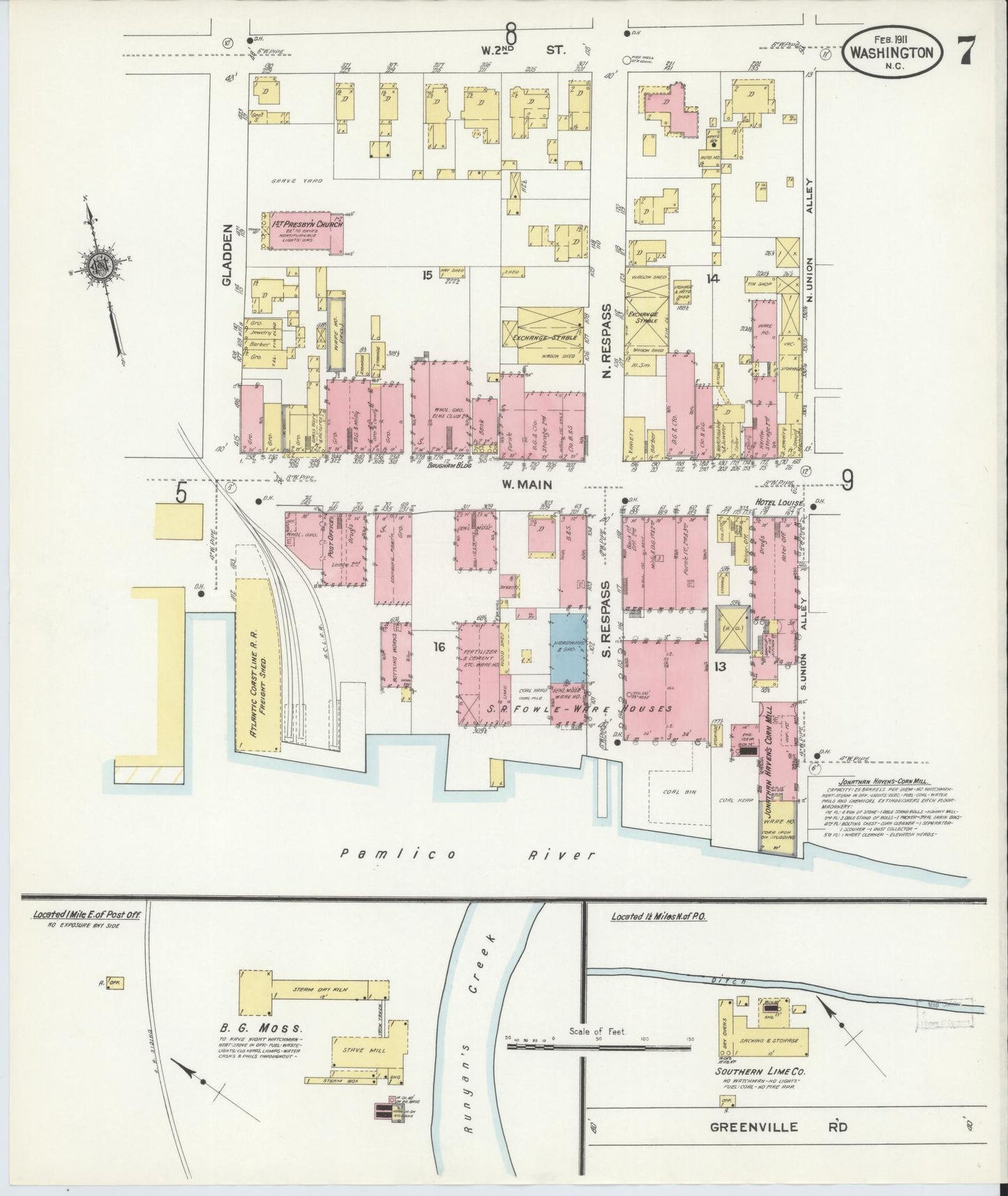 Sanborn Fire Insurance Map from Washington, Beaufort County, North Carolina (1911), Sheet #0007 - Historic Sanborn Fire Insurance Map Print, vintage old map wall art, antique decor, genealogy gift, North Carolina North Carolina map