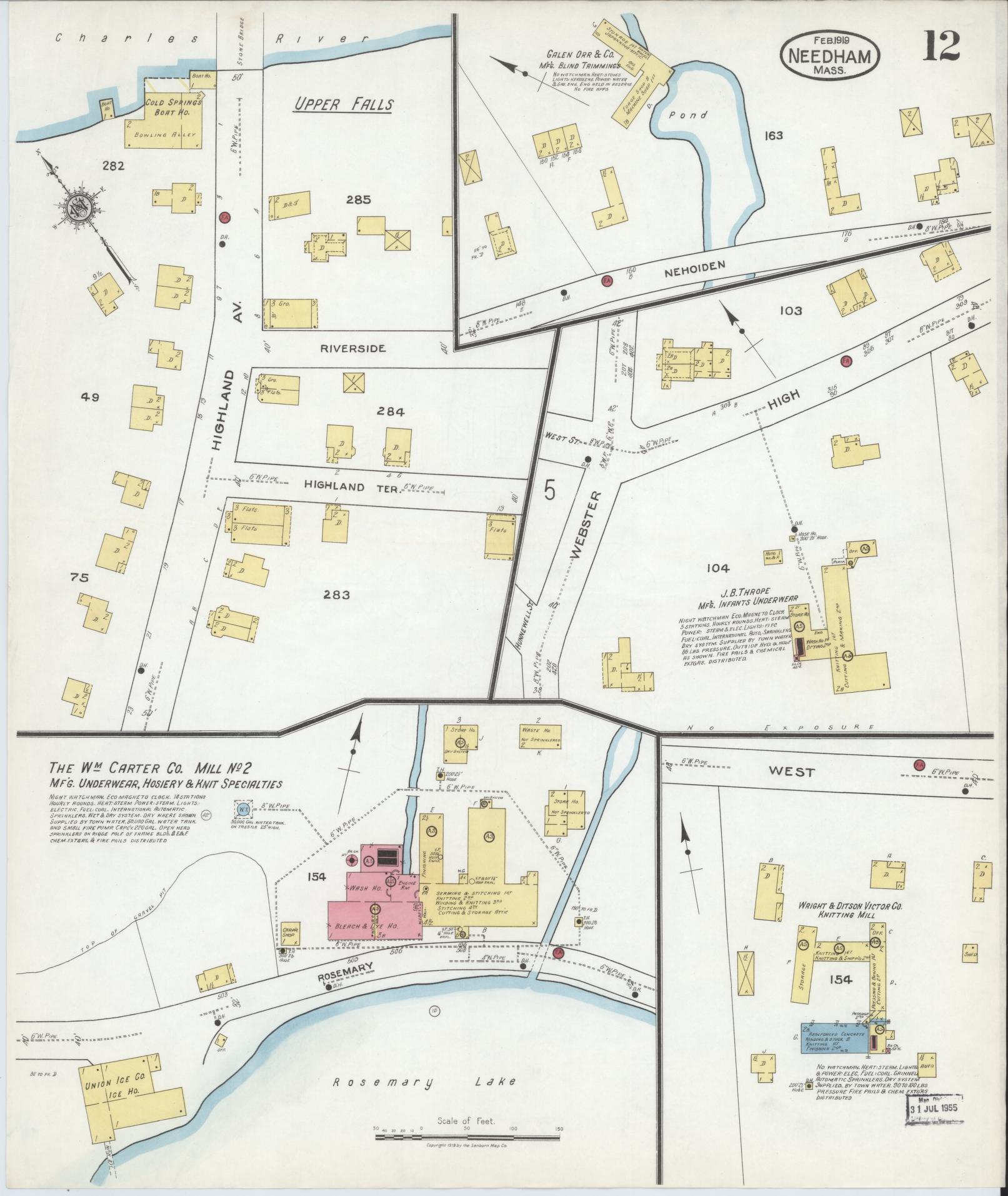 Sanborn Fire Insurance Map from Needham, Norfolk County, Massachusetts (1919), Sheet #0012 - Complete Map Set gallery image, historic Sanborn map, vintage wall art, Massachusetts Massachusetts