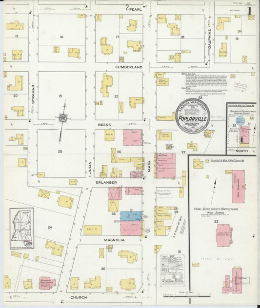 Sanborn Fire Insurance Map from Poplarville, Pearl River County, Mississippi (1915), Sheet #0001 - Complete Map Set gallery image, historic Sanborn map, vintage wall art, Mississippi Mississippi