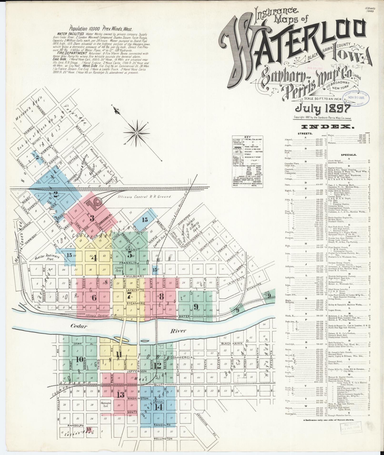 Sanborn Fire Insurance Map from Waterloo, Black Hawk County, Iowa (1897), Sheet #0001 - Historic Sanborn Fire Insurance Map Print
