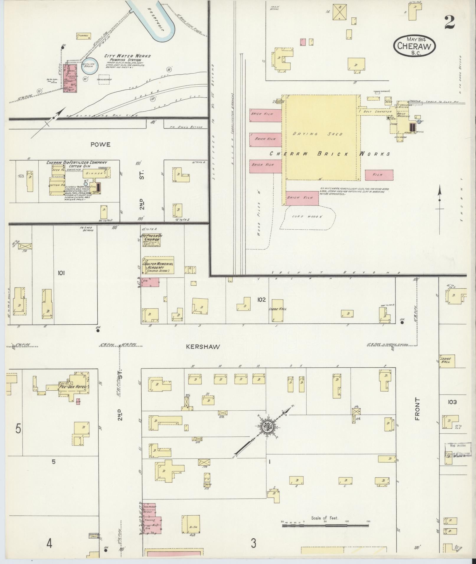 Sanborn Fire Insurance Map from Cheraw, Chesterfield County, South Carolina (1914), Sheet #0002 - Historic Sanborn Fire Insurance Map Print, vintage old map wall art, antique decor, genealogy gift, South Carolina South Carolina map