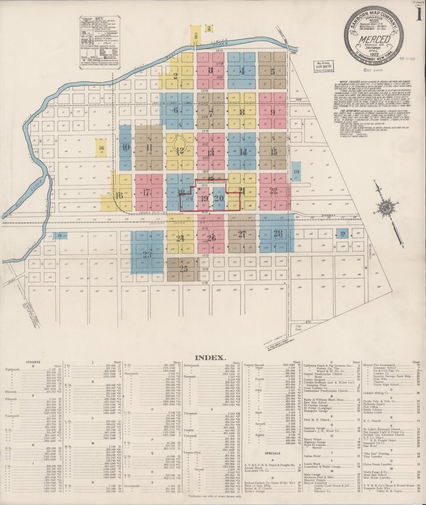 Sanborn Fire Insurance Map from Merced, Merced County, California (1922), Sheet #0001 - Historic Sanborn Fire Insurance Map Print, vintage old map wall art, antique decor, genealogy gift, California California map