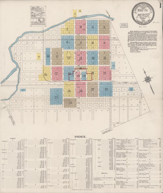 Sanborn Fire Insurance Map from Merced, Merced County, California (1922), Sheet #0001 - Historic Sanborn Fire Insurance Map Print, vintage old map wall art, antique decor, genealogy gift, California California map