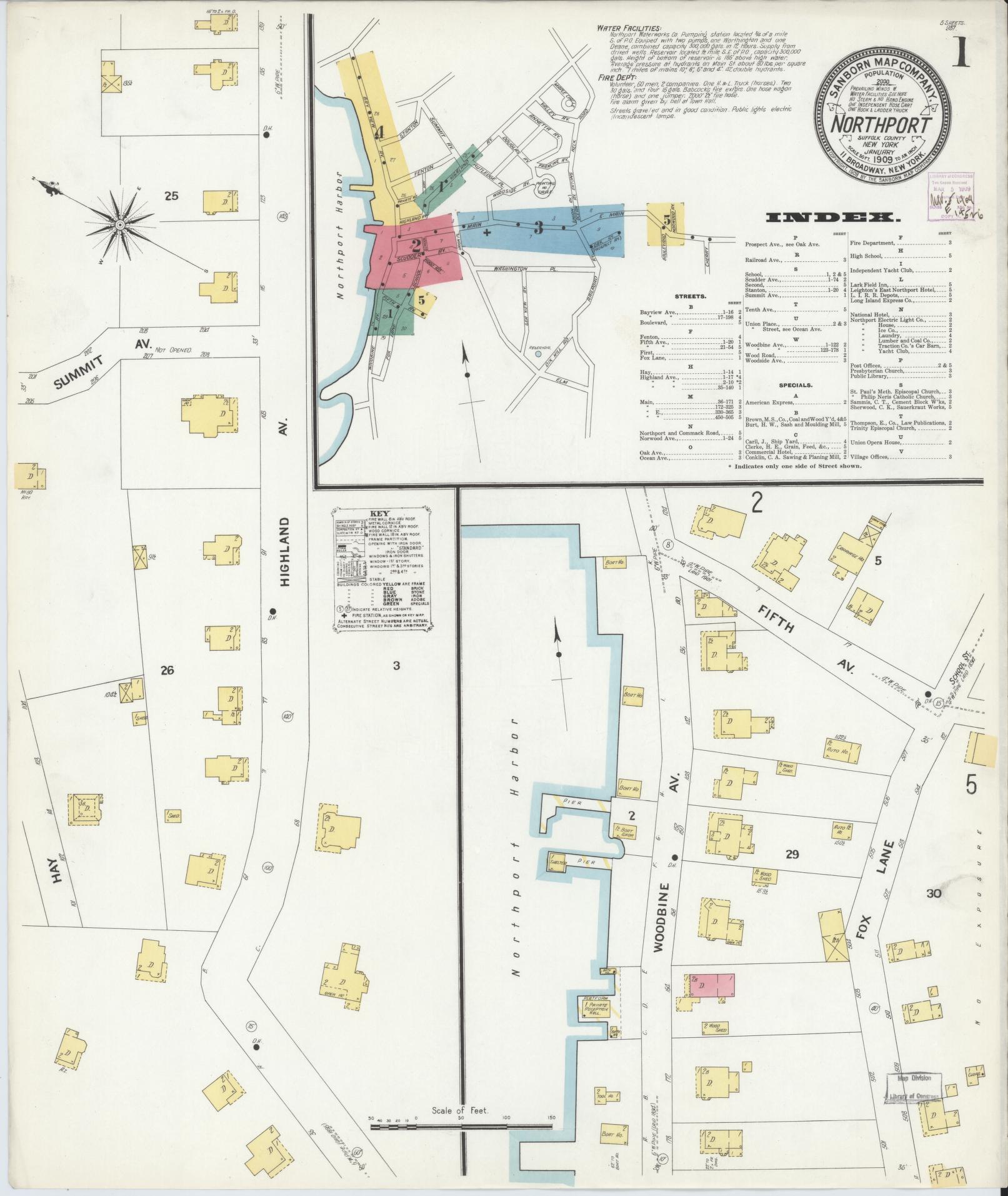 Sanborn Fire Insurance Map from Northport, Suffolk County, New York (1909), Sheet #0001 - Historic Sanborn Fire Insurance Map Print, vintage old map wall art, antique decor, genealogy gift, New York New York map