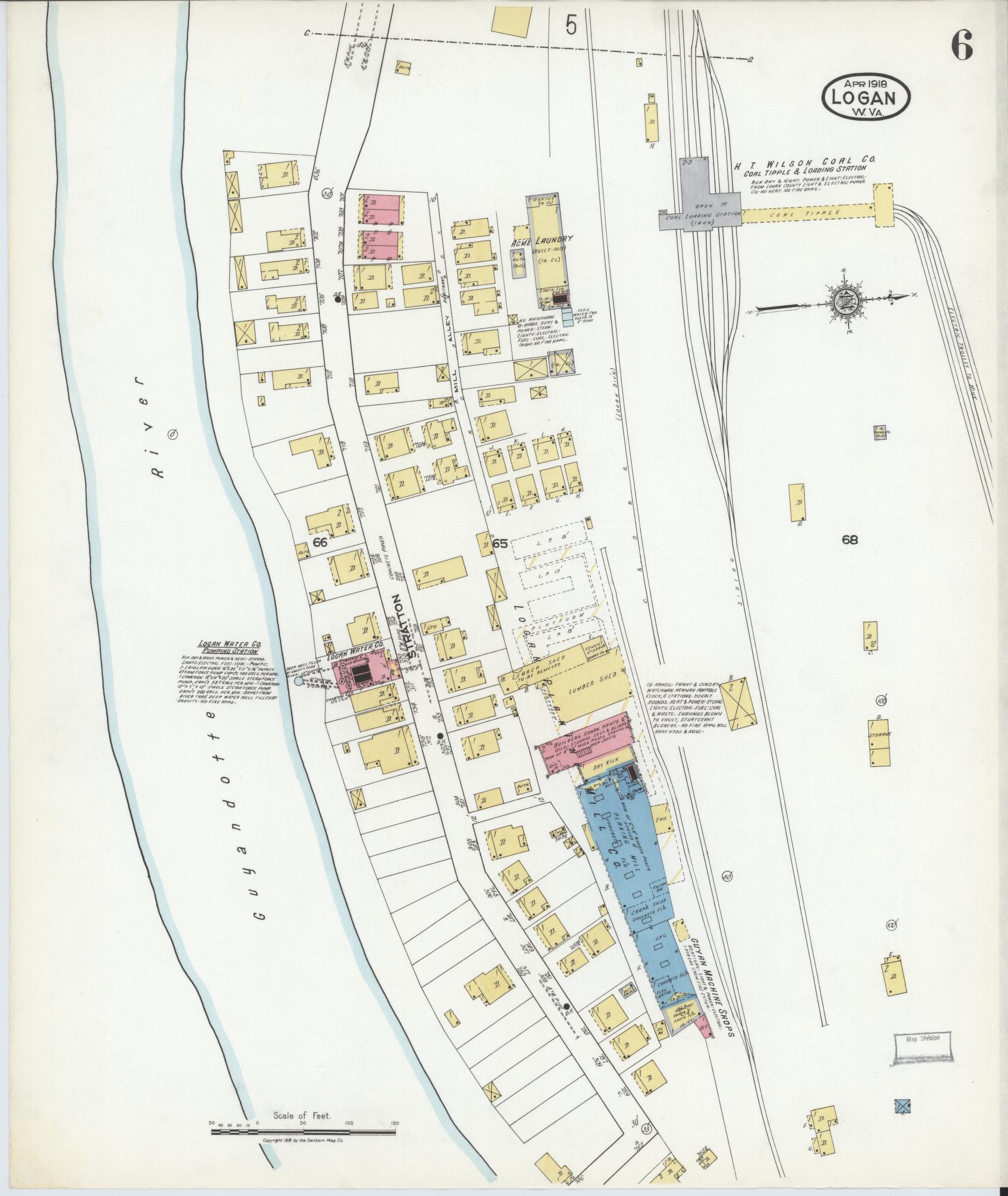 Sanborn Fire Insurance Map from Logan, Logan County, West Virginia (1918), Sheet #0006 - Historic Sanborn Fire Insurance Map Print, vintage old map wall art, antique decor, genealogy gift, West Virginia West Virginia map