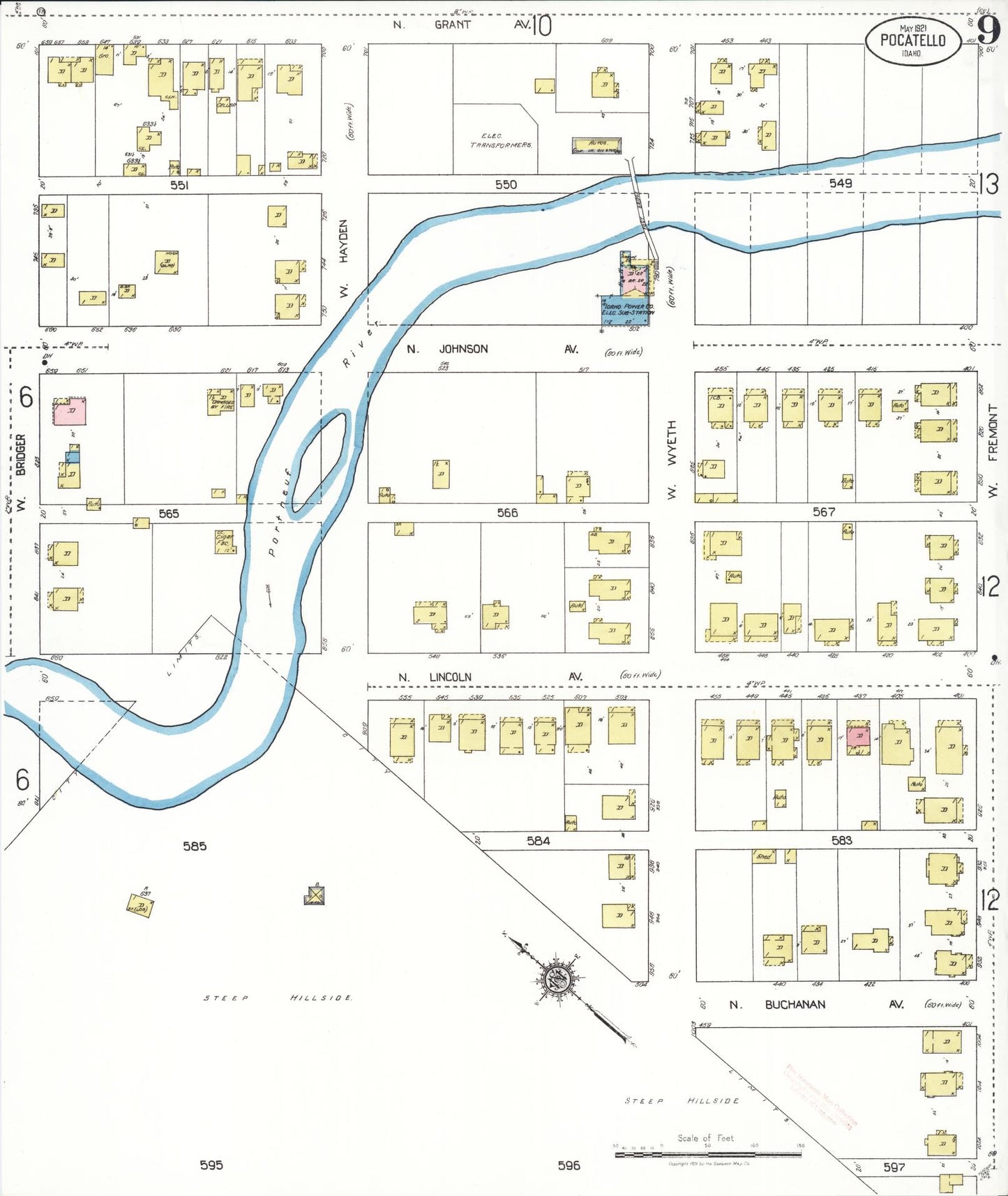 Sanborn Fire Insurance Map from Pocatello, Bannock County, Idaho (1921), Sheet #0009 - Complete Map Set gallery image, historic Sanborn map, vintage wall art, Idaho Idaho