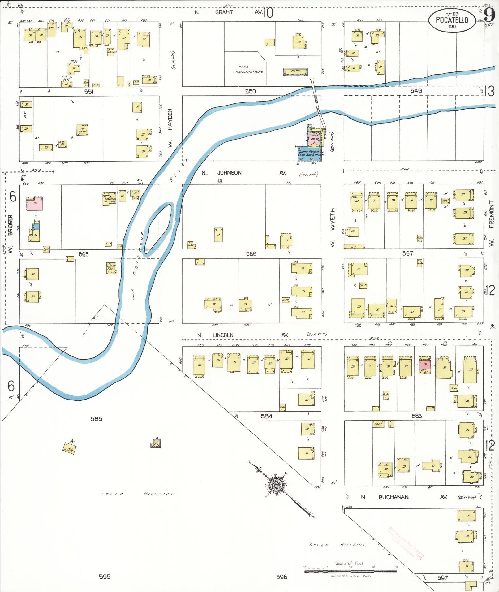 Sanborn Fire Insurance Map from Pocatello, Bannock County, Idaho (1921), Sheet #0009 - Complete Map Set gallery image, historic Sanborn map, vintage wall art, Idaho Idaho