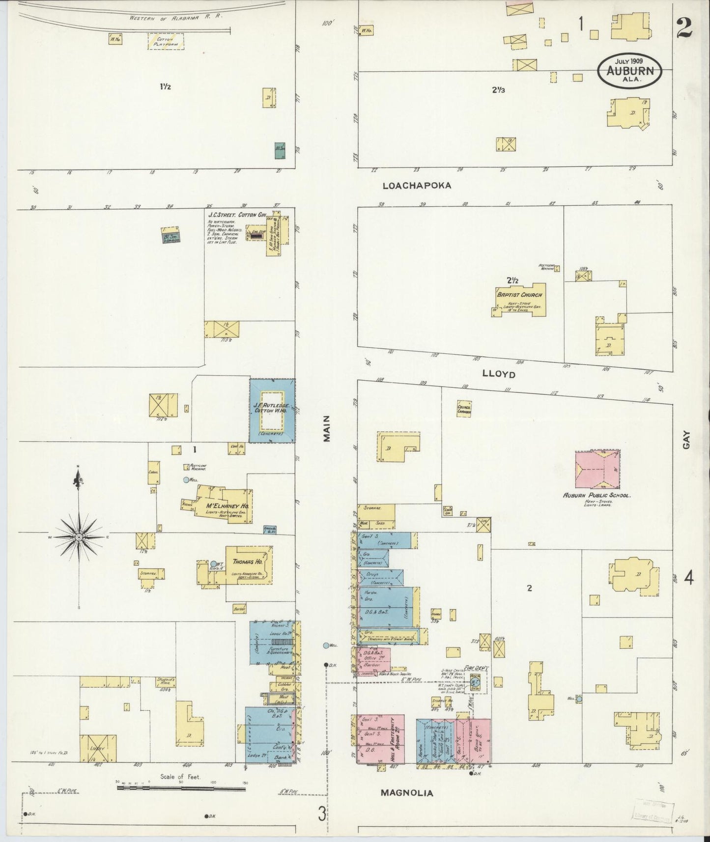 Sanborn Fire Insurance Map from Auburn, Lee County, Alabama (1909), Sheet #0002 - Complete Map Set gallery image, historic Sanborn map, vintage wall art, Alabama Alabama