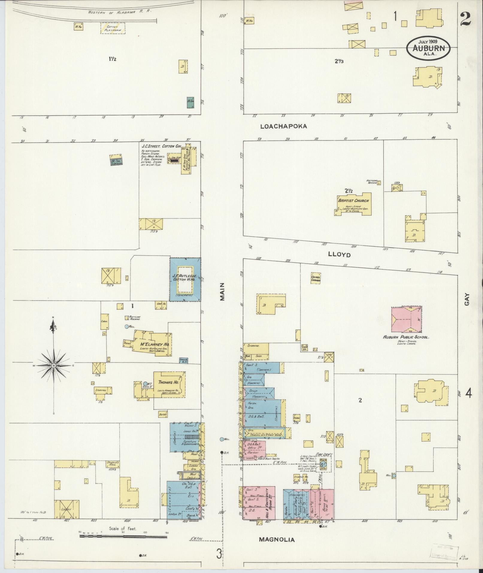 Sanborn Fire Insurance Map from Auburn, Lee County, Alabama (1909), Sheet #0002 - Complete Map Set gallery image, historic Sanborn map, vintage wall art, Alabama Alabama