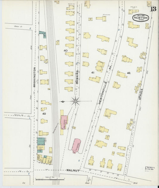 Sanborn Fire Insurance Map from Newton, Middlesex County, Massachusetts (1892), Sheet #0013 - Historic Sanborn Fire Insurance Map Print, vintage old map wall art, antique decor, genealogy gift, Massachusetts Massachusetts map