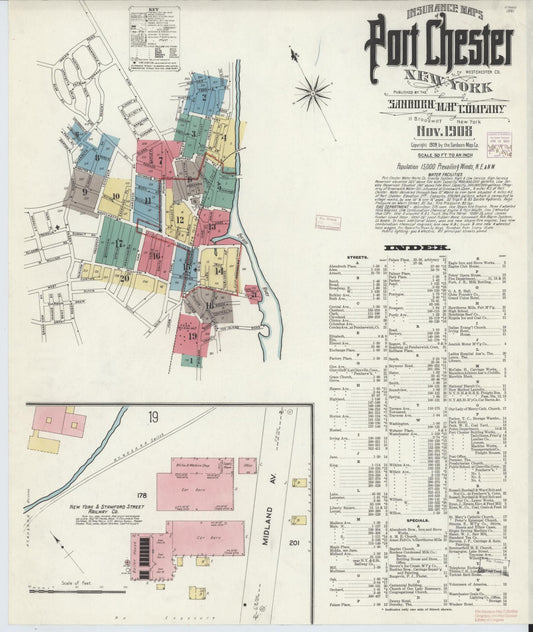 Sanborn Fire Insurance Map from Port Chester, Westchester County, New York (1908), Sheet #0001 - Historic Sanborn Fire Insurance Map Print, vintage old map wall art, antique decor, genealogy gift, New York New York map