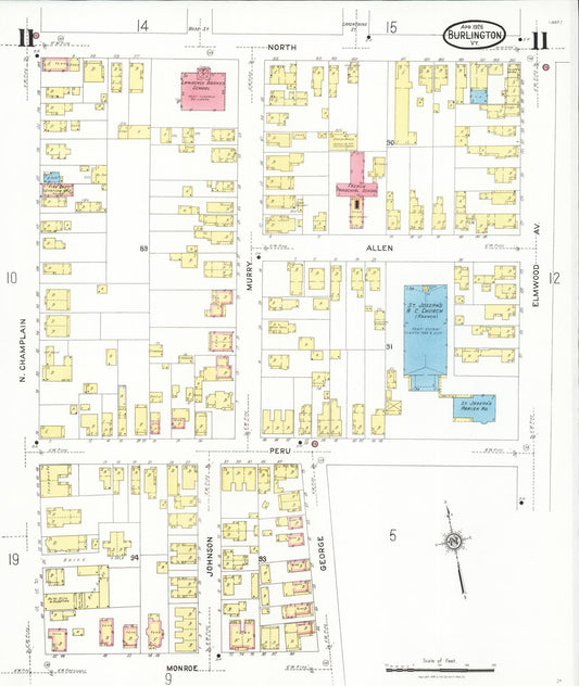 Sanborn Fire Insurance Map from Burlington, Chittenden County, Vermont (1926), Sheet #0011 - Historic Sanborn Fire Insurance Map Print, vintage old map wall art, antique decor, genealogy gift, Vermont Vermont map