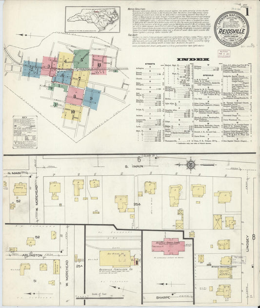 Sanborn Fire Insurance Map from Reidsville, Rockingham County, North Carolina (1914), Sheet #0001 - Historic Sanborn Fire Insurance Map Print, vintage old map wall art, antique decor, genealogy gift, North Carolina North Carolina map