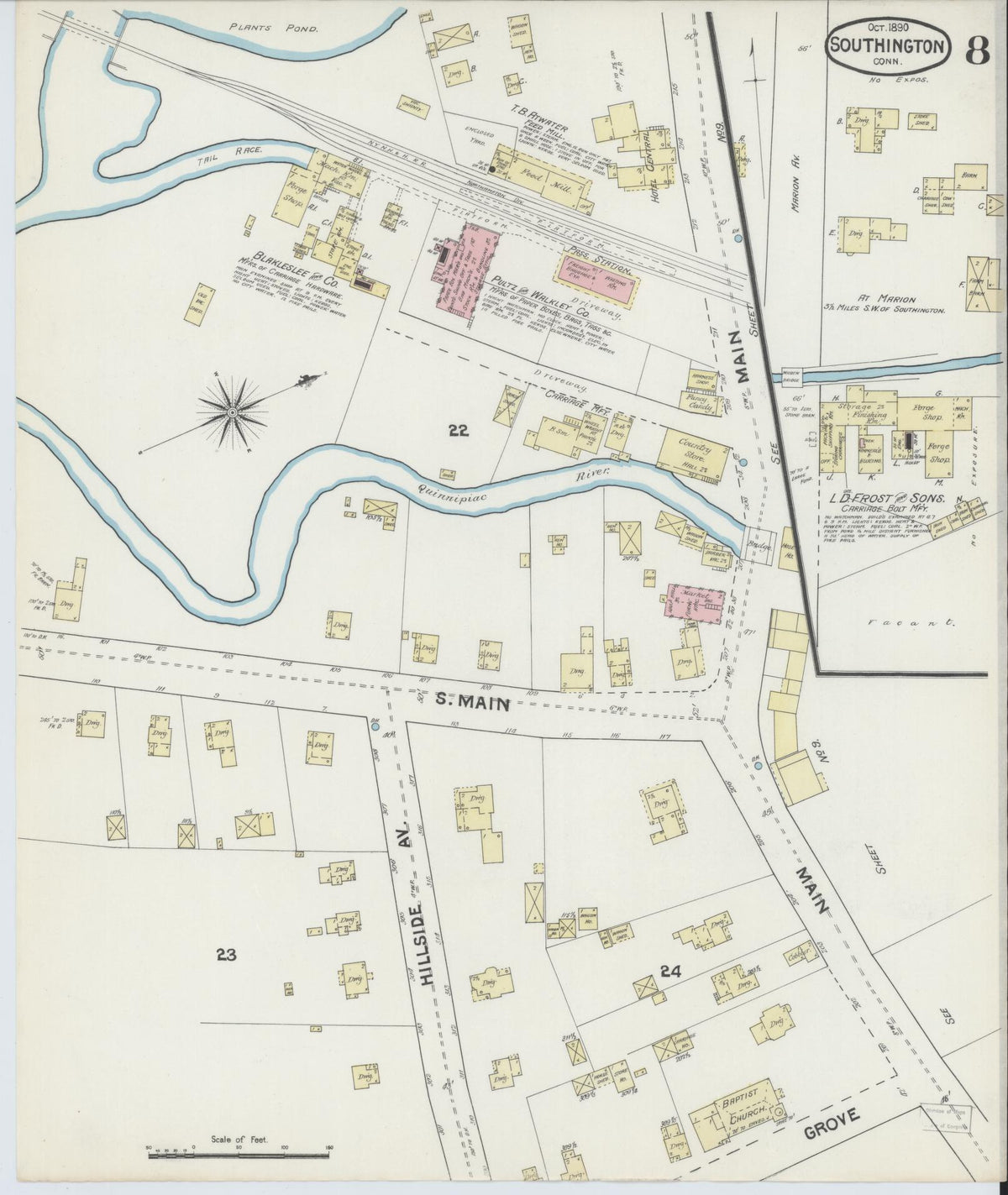 Sanborn Fire Insurance Map from Southington, Hartford County, Connecticut (1890), Sheet #0008 - Historic Sanborn Fire Insurance Map Print, vintage old map wall art, antique decor, genealogy gift, Connecticut Connecticut map