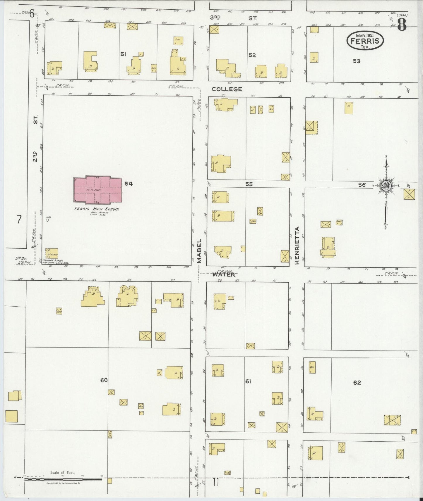 Sanborn Fire Insurance Map from Ferris, Ellis County, Texas (1921), Sheet #0008 - Historic Sanborn Fire Insurance Map Print, vintage old map wall art, antique decor, genealogy gift, Texas Texas map