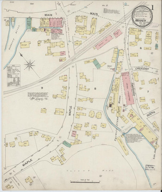 Sanborn Fire Insurance Map from Warren, Worcester County, Massachusetts (1887), Sheet #0001 - Complete Map Set gallery image, historic Sanborn map, vintage wall art, Massachusetts Massachusetts