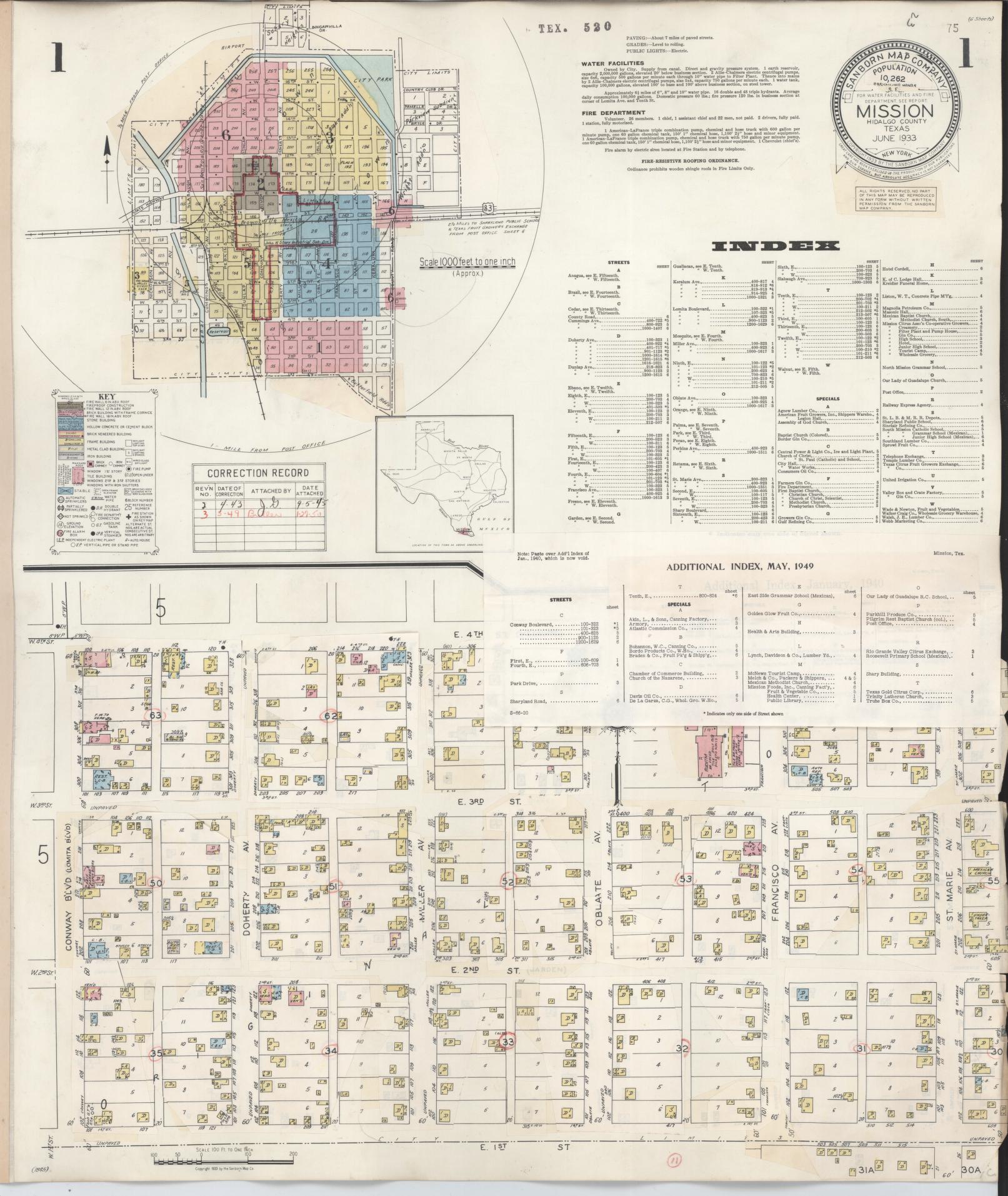 Sanborn Fire Insurance Map from Mission, Hidalgo County, Texas (1949), Sheet #0001 - Historic Sanborn Fire Insurance Map Print, vintage old map wall art, antique decor, genealogy gift, Texas Texas map