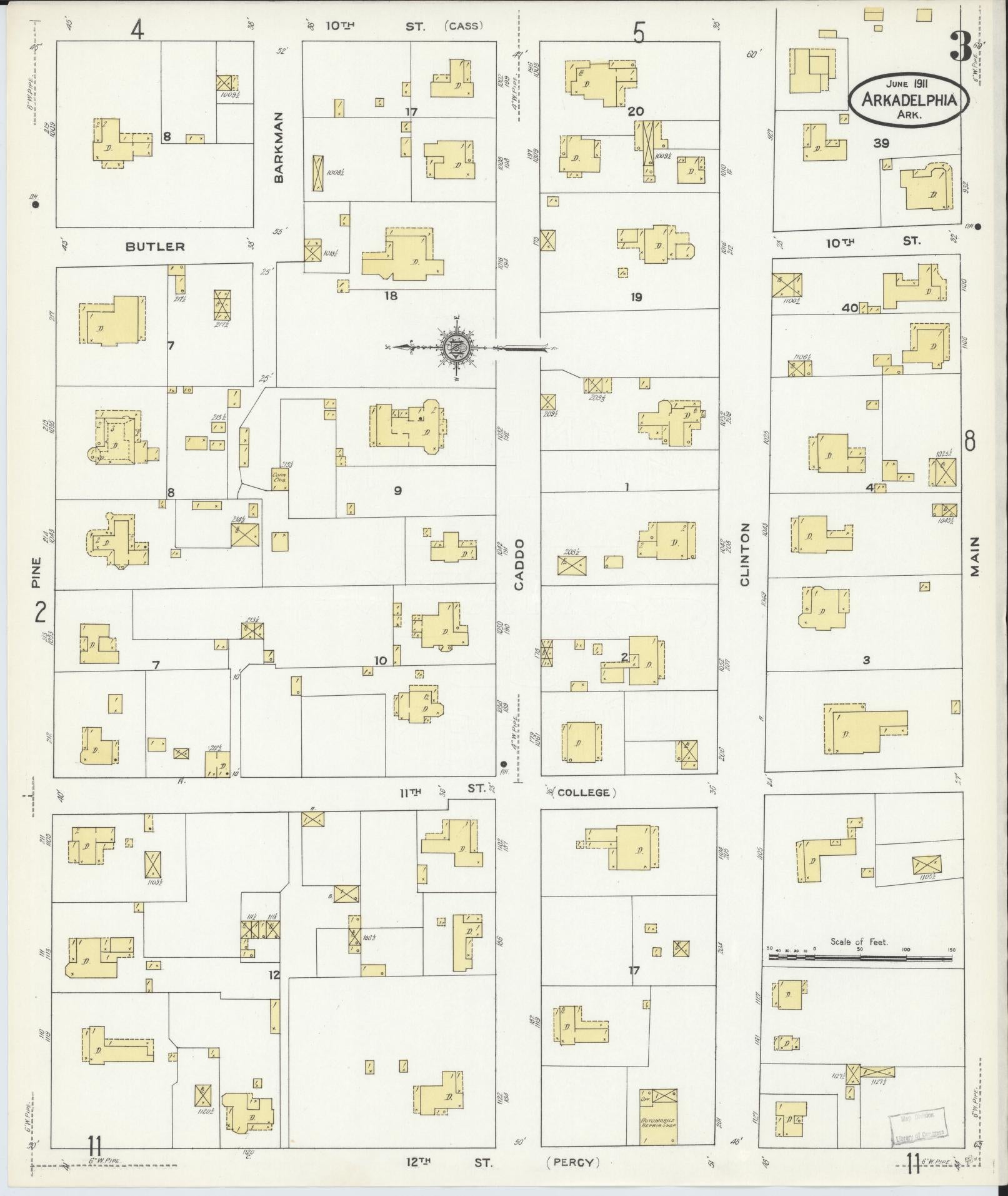 Sanborn Fire Insurance Map from Arkadelphia, Clark County, Arkansas (1911), Sheet #0003 - Complete Map Set gallery image, historic Sanborn map, vintage wall art, Arkansas Arkansas