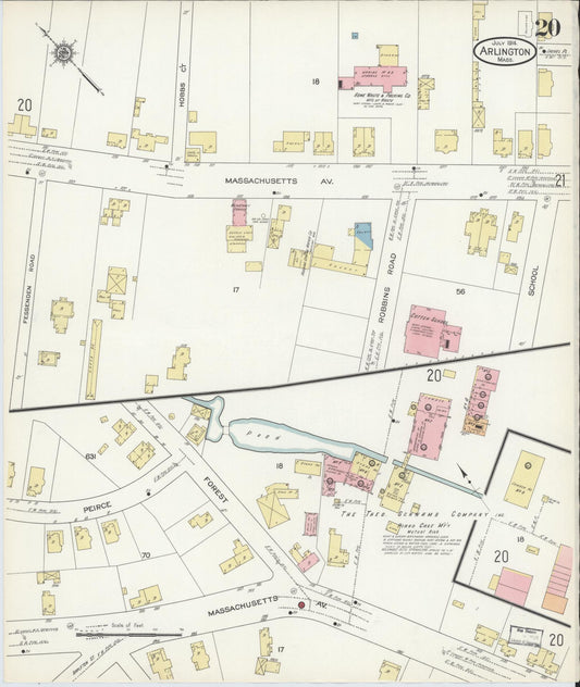 Sanborn Fire Insurance Map from Arlington, Middlesex County, Massachusetts (1914), Sheet #0020 - Historic Sanborn Fire Insurance Map Print, vintage old map wall art, antique decor, genealogy gift, Massachusetts Massachusetts map