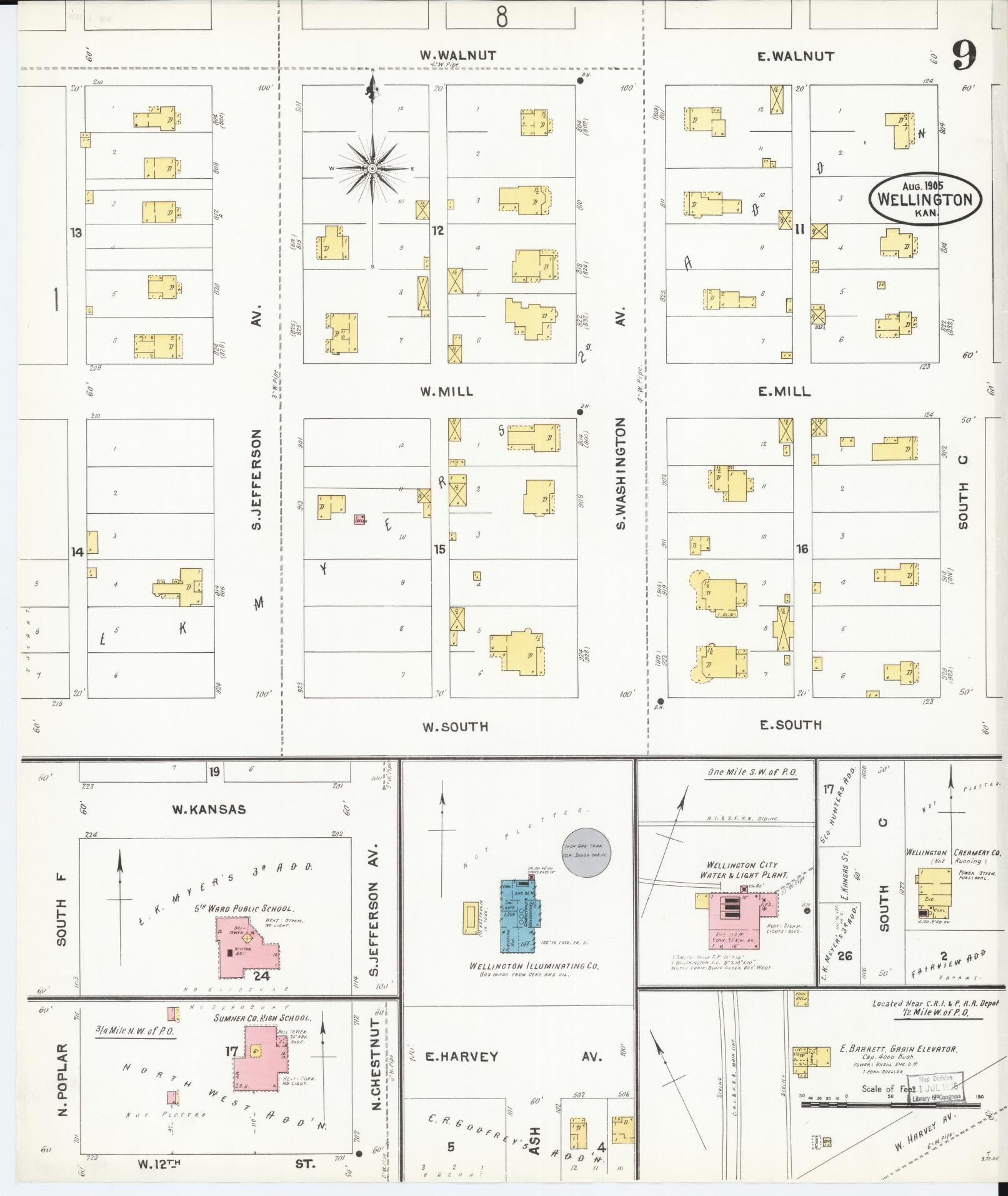 Sanborn Fire Insurance Map from Wellington, Sumner County, Kansas (1905), Sheet #0009 - Historic Sanborn Fire Insurance Map Print, vintage old map wall art, antique decor, genealogy gift, Kansas Kansas map