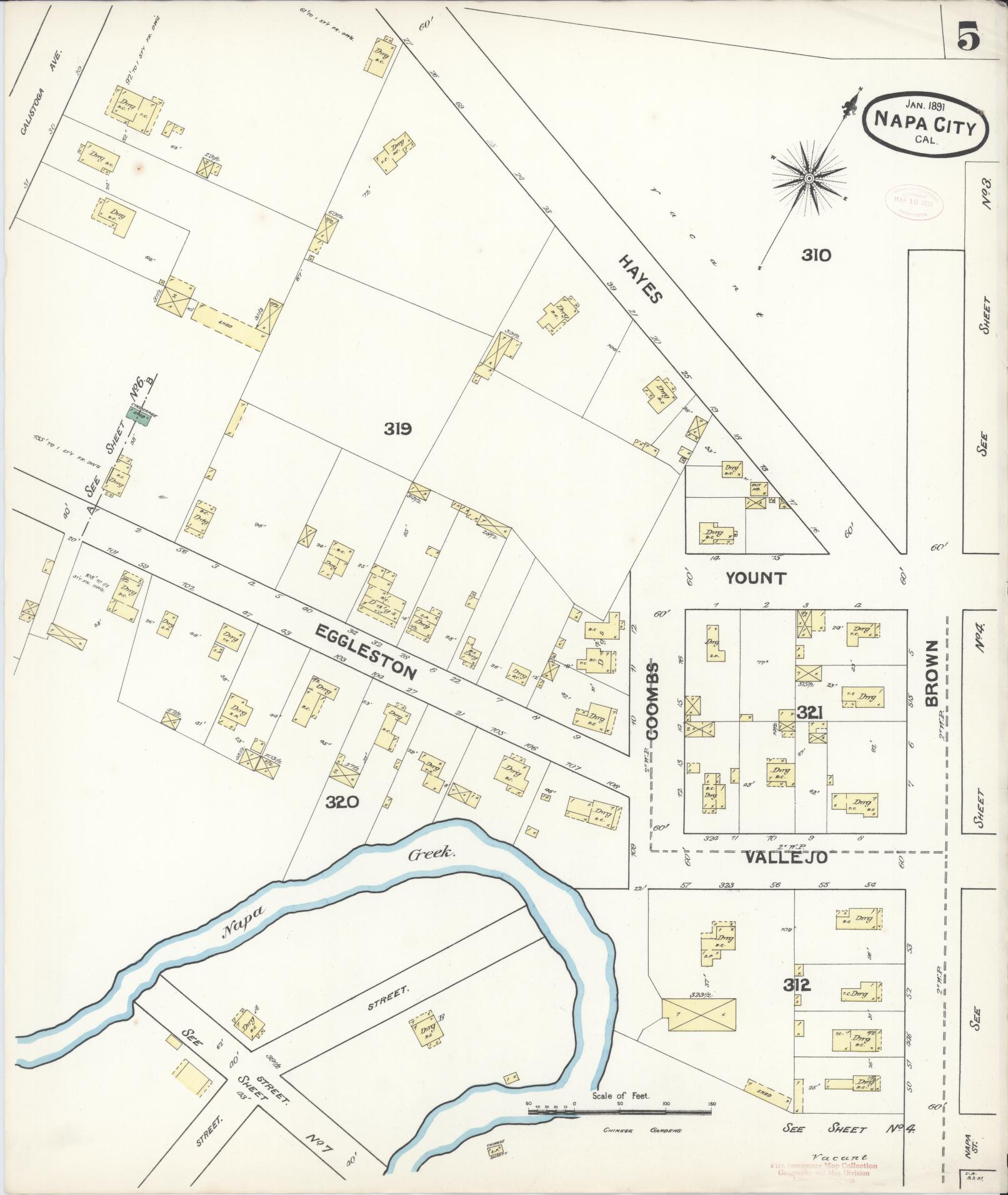 Sanborn Fire Insurance Map from Napa, Napa County, California (1891), Sheet #0005 - Complete Map Set gallery image, historic Sanborn map, vintage wall art, California California