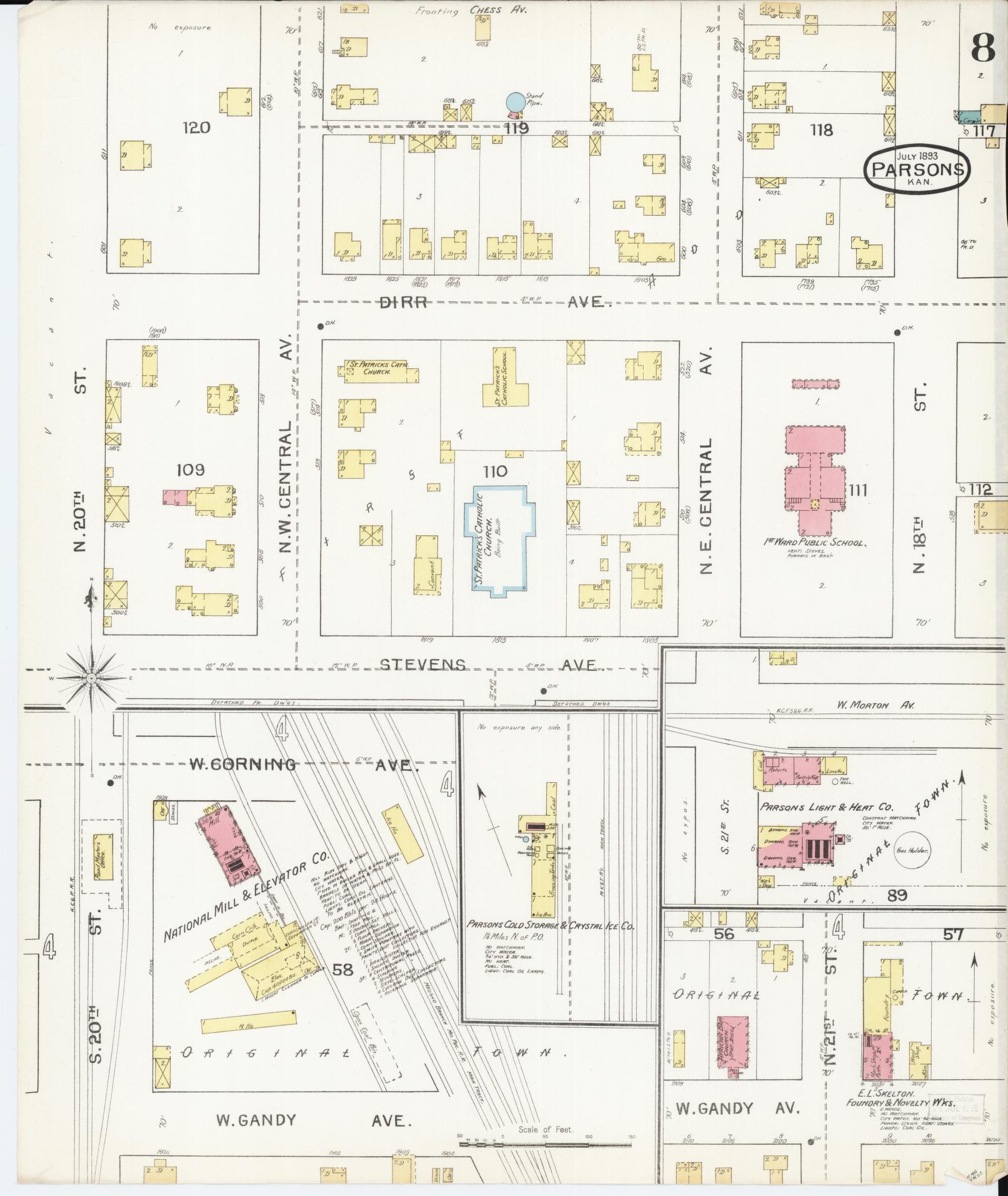 Sanborn Fire Insurance Map from Parsons, Labette County, Kansas (1893), Sheet #0008 - Historic Sanborn Fire Insurance Map Print, vintage old map wall art, antique decor, genealogy gift, Kansas Kansas map