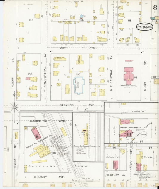 Sanborn Fire Insurance Map from Parsons, Labette County, Kansas (1893), Sheet #0008 - Historic Sanborn Fire Insurance Map Print, vintage old map wall art, antique decor, genealogy gift, Kansas Kansas map