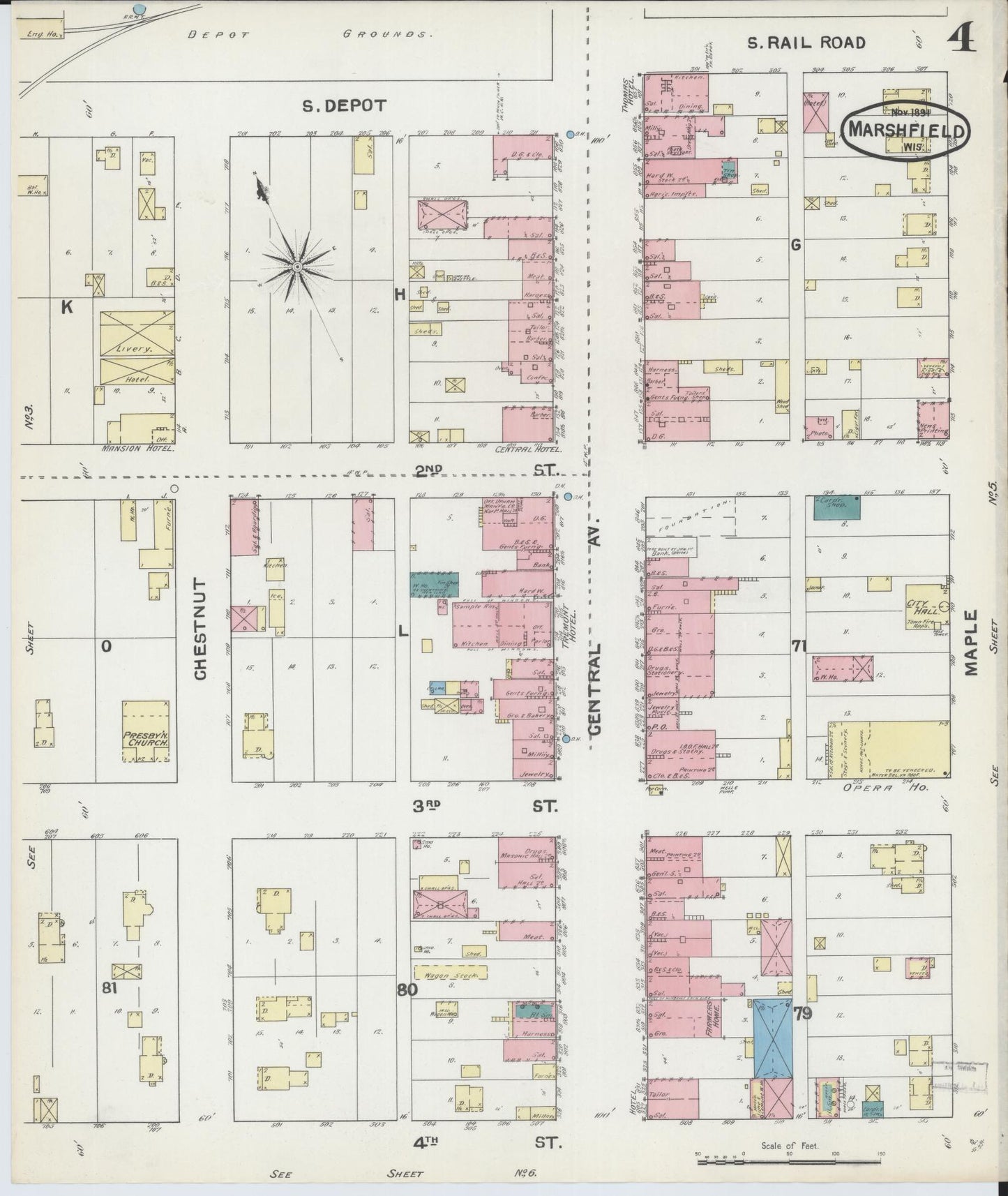 Sanborn Fire Insurance Map from Marshfield, Wood County, Wisconsin (1891), Sheet #0004 - Complete Map Set gallery image, historic Sanborn map, vintage wall art, Wisconsin Wisconsin