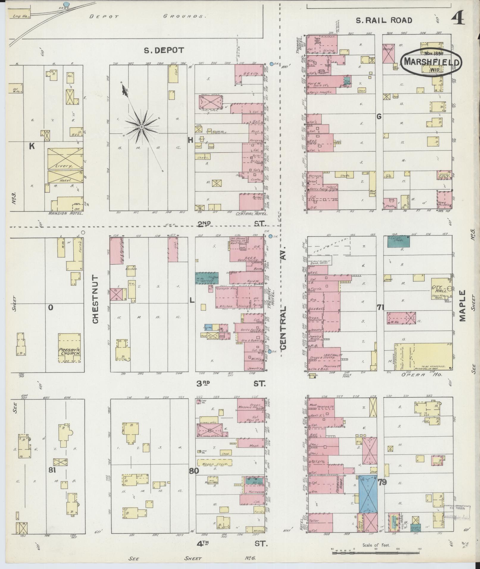 Sanborn Fire Insurance Map from Marshfield, Wood County, Wisconsin (1891), Sheet #0004 - Complete Map Set gallery image, historic Sanborn map, vintage wall art, Wisconsin Wisconsin