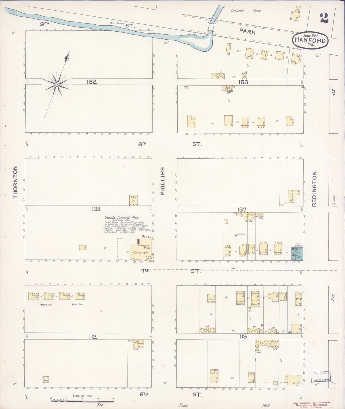 Sanborn Fire Insurance Map from Hanford, Kings County, California (1892), Sheet #0002 - Complete Map Set gallery image, historic Sanborn map, vintage wall art, California California