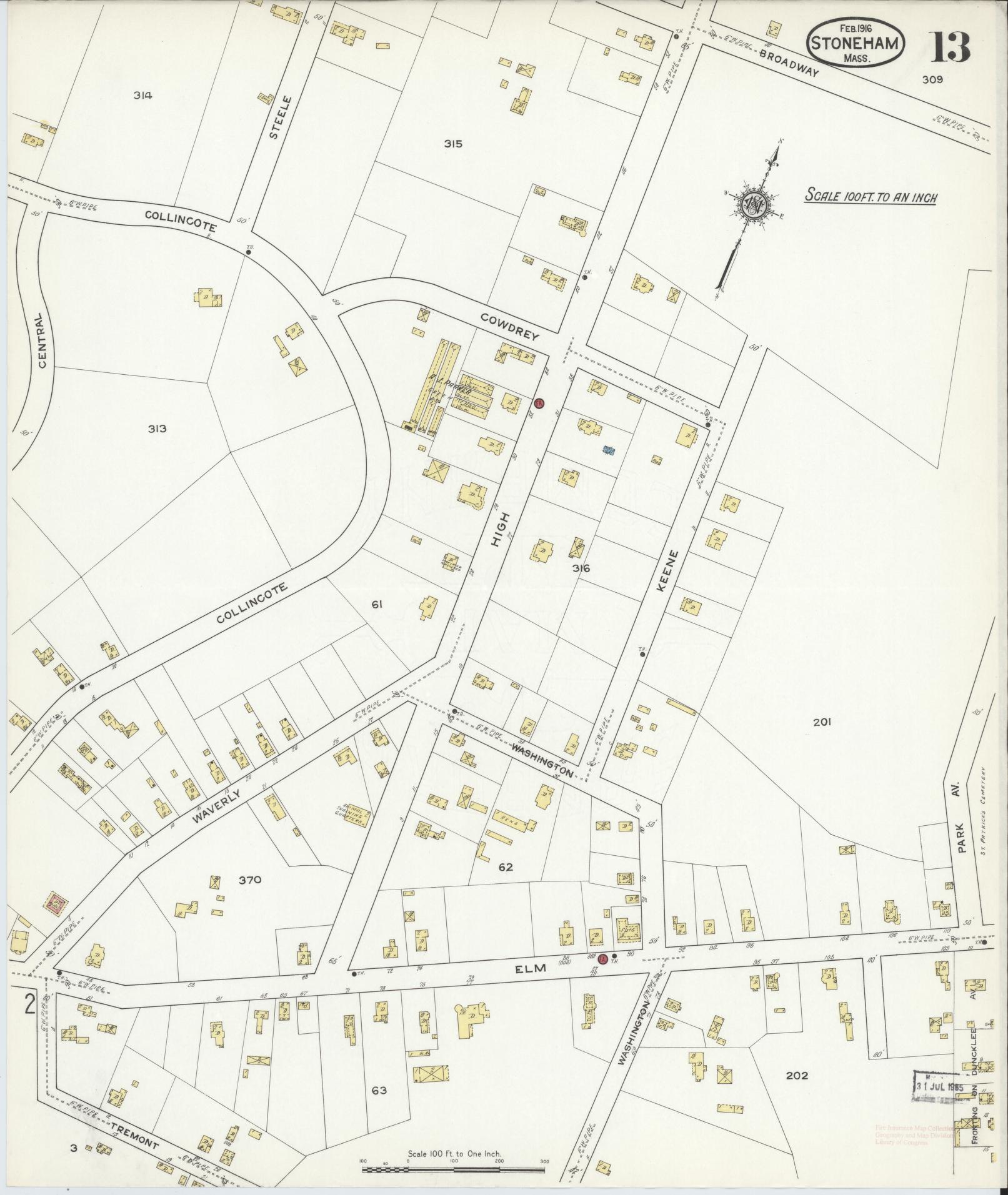 Sanborn Fire Insurance Map from Stoneham, Middlesex County, Massachusetts (1916), Sheet #0013 - Historic Sanborn Fire Insurance Map Print, vintage old map wall art, antique decor, genealogy gift, Massachusetts Massachusetts map