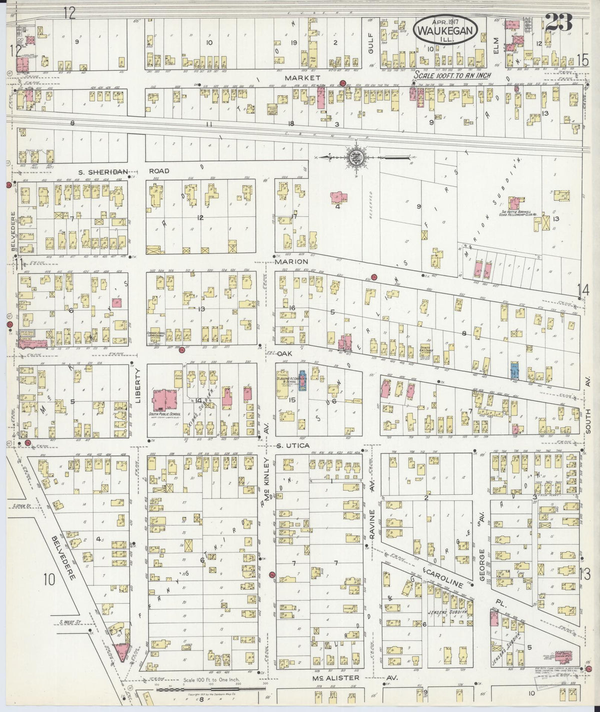 Sanborn Fire Insurance Map from Waukegan, Lake County, Illinois (1917), Sheet #0023 - Complete Map Set gallery image, historic Sanborn map, vintage wall art, Illinois Illinois