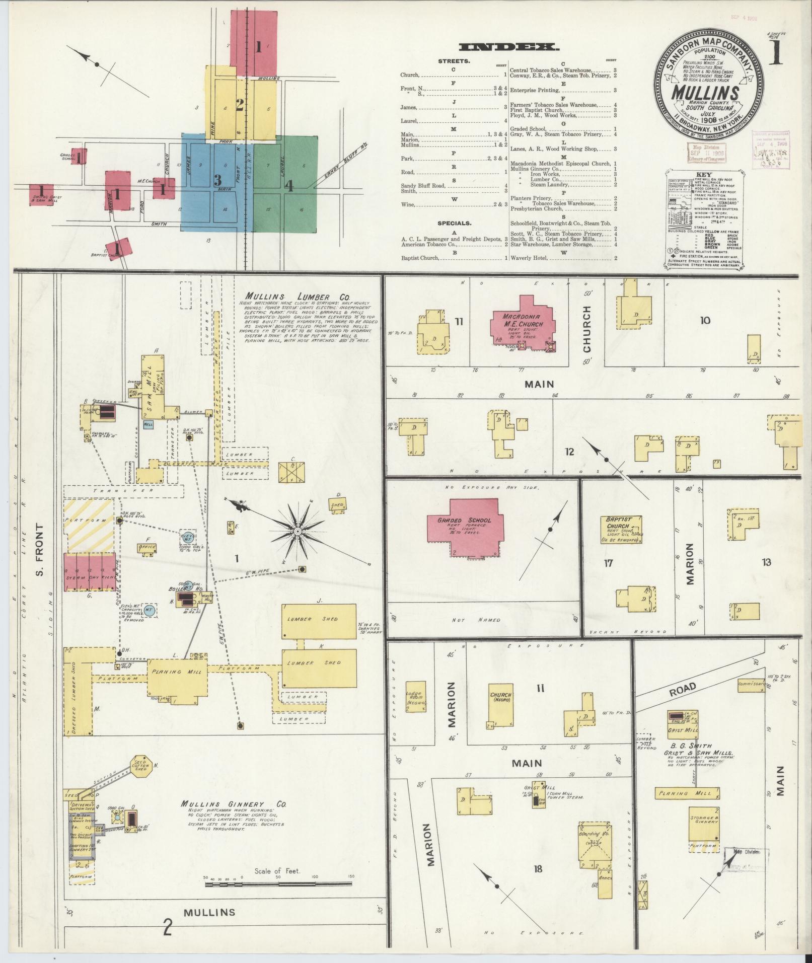 Sanborn Fire Insurance Map from Mullins, Marion County, South Carolina (1908), Sheet #0001 - Historic Sanborn Fire Insurance Map Print, vintage old map wall art, antique decor, genealogy gift, South Carolina South Carolina map