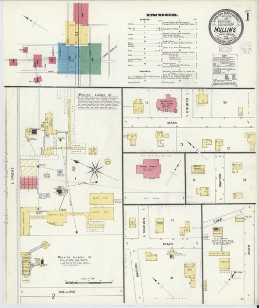 Sanborn Fire Insurance Map from Mullins, Marion County, South Carolina (1908), Sheet #0001 - Historic Sanborn Fire Insurance Map Print, vintage old map wall art, antique decor, genealogy gift, South Carolina South Carolina map