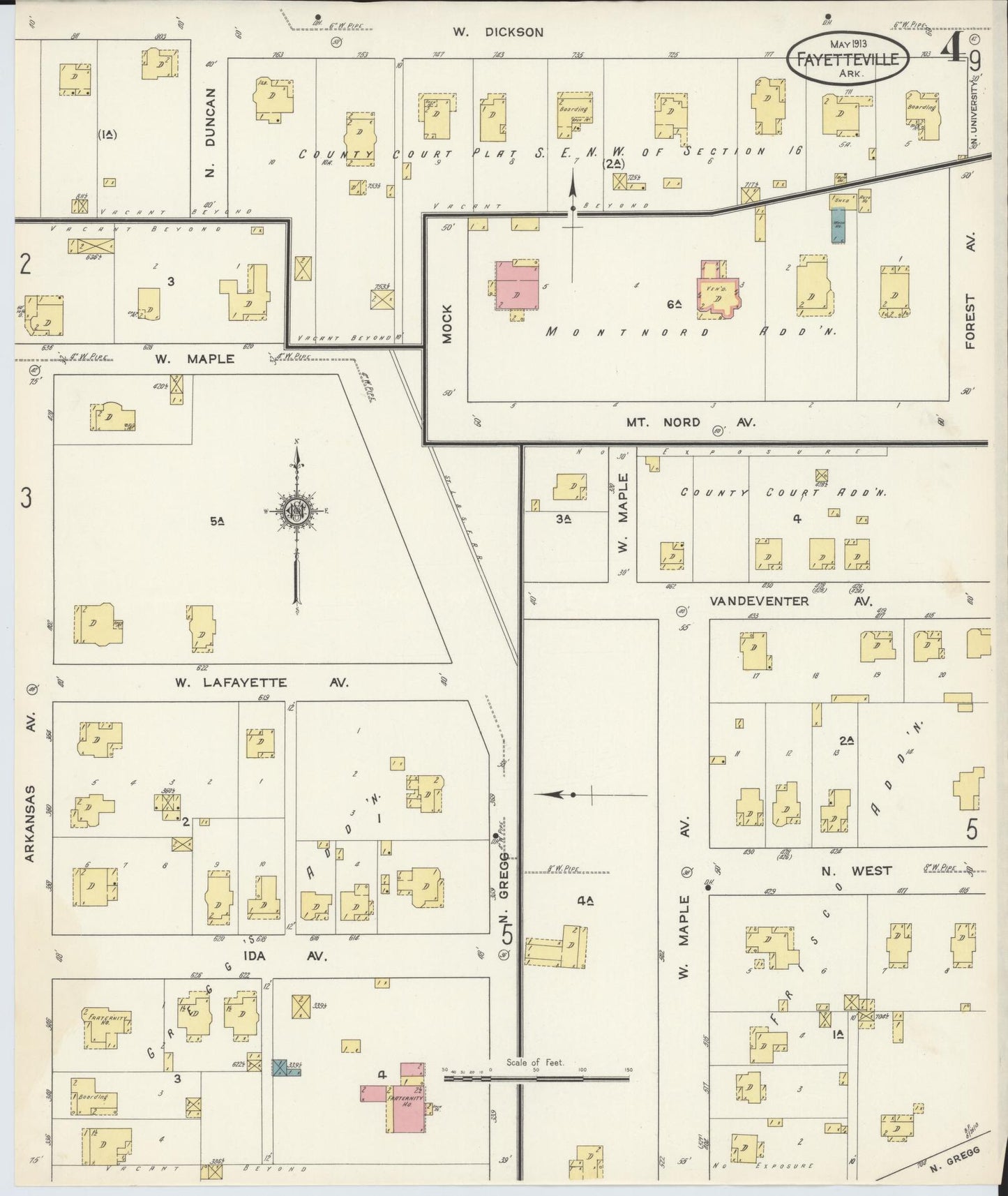 Sanborn Fire Insurance Map from Fayetteville, Washington County, Arkansas (1913), Sheet #0004 - Complete Map Set gallery image, historic Sanborn map, vintage wall art, Arkansas Arkansas