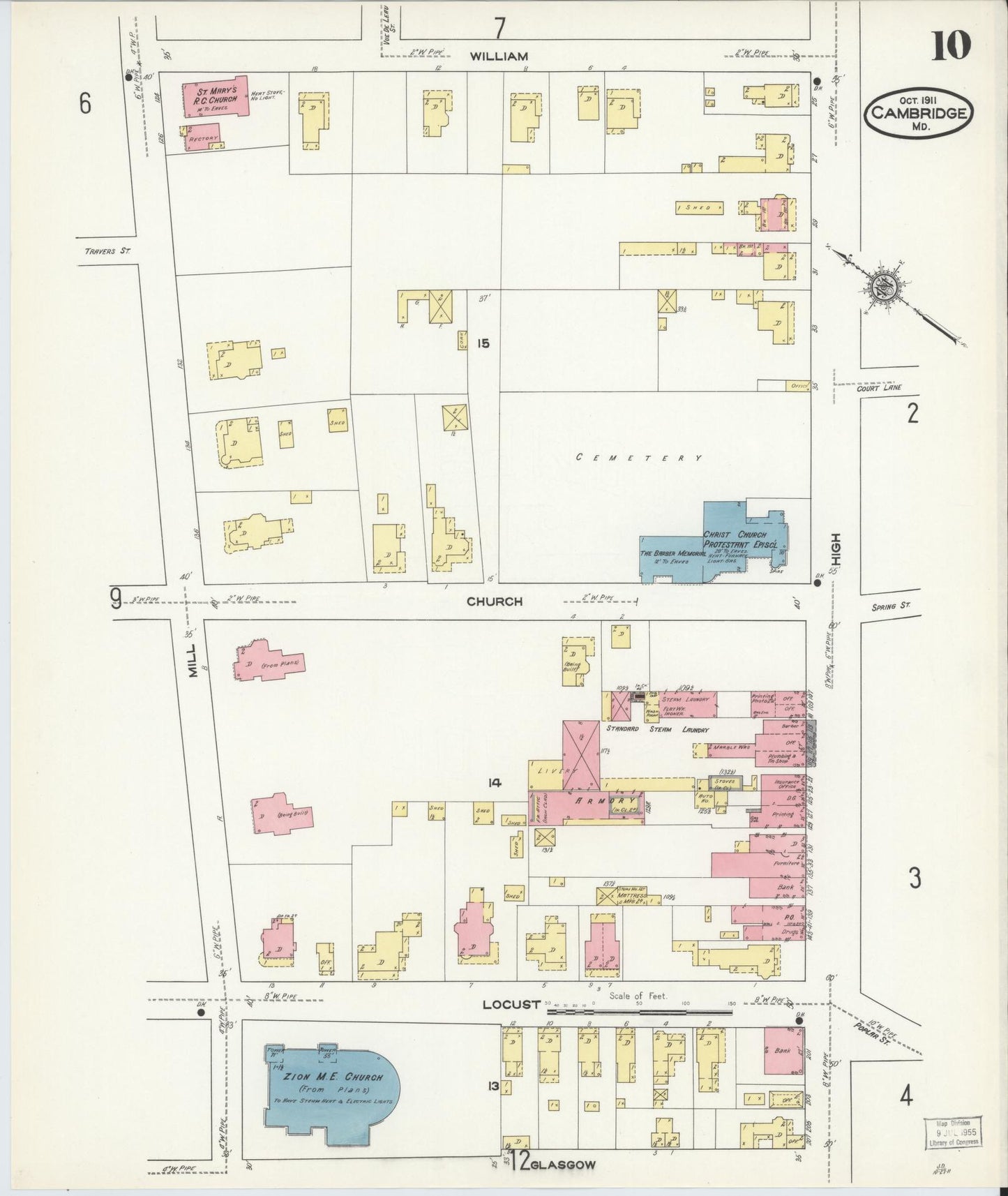Sanborn Fire Insurance Map from Cambridge, Dorchester County, Maryland (1911), Sheet #0010 - Complete Map Set gallery image, historic Sanborn map, vintage wall art, Maryland Maryland