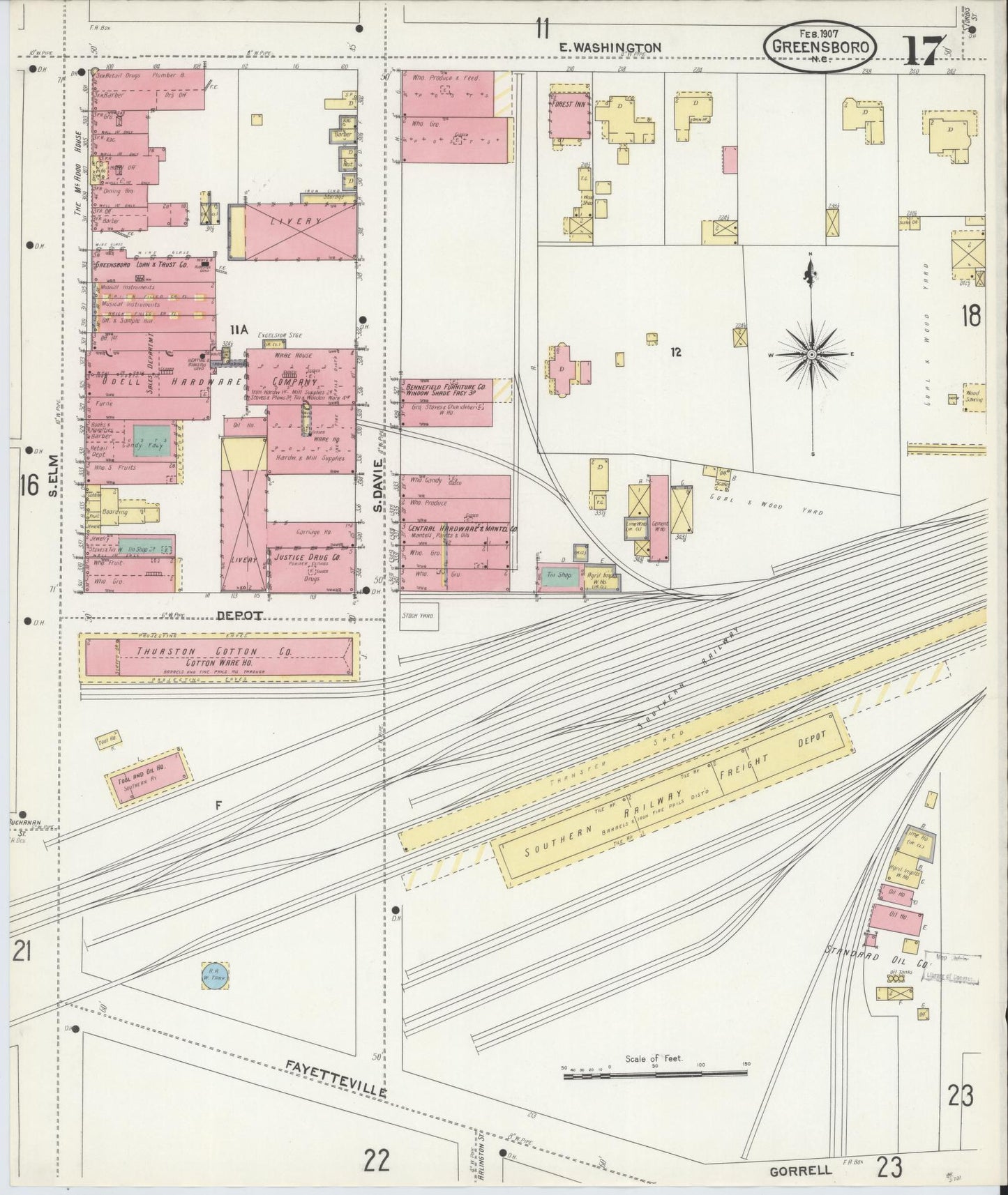 Sanborn Fire Insurance Map from Greensboro, Guilford County, North Carolina (1907), Sheet #0017 - Complete Map Set gallery image, historic Sanborn map, vintage wall art, North Carolina North Carolina