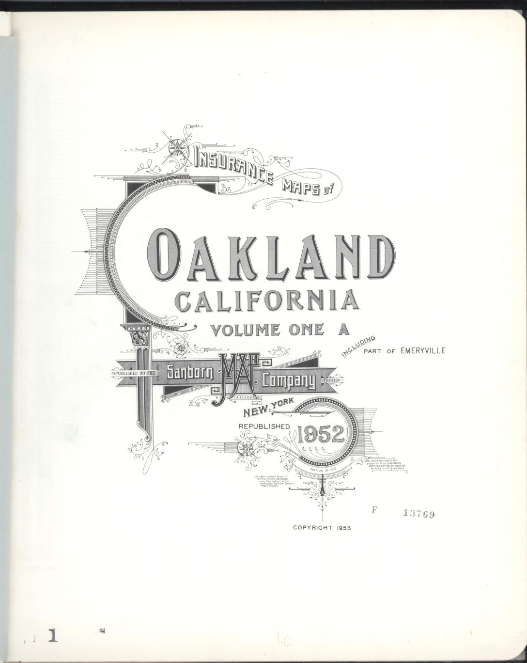 Sanborn Fire Insurance Map from Oakland, Alameda County, California (1952), Sheet #0001 - Complete Map Set gallery image, historic Sanborn map, vintage wall art, California California