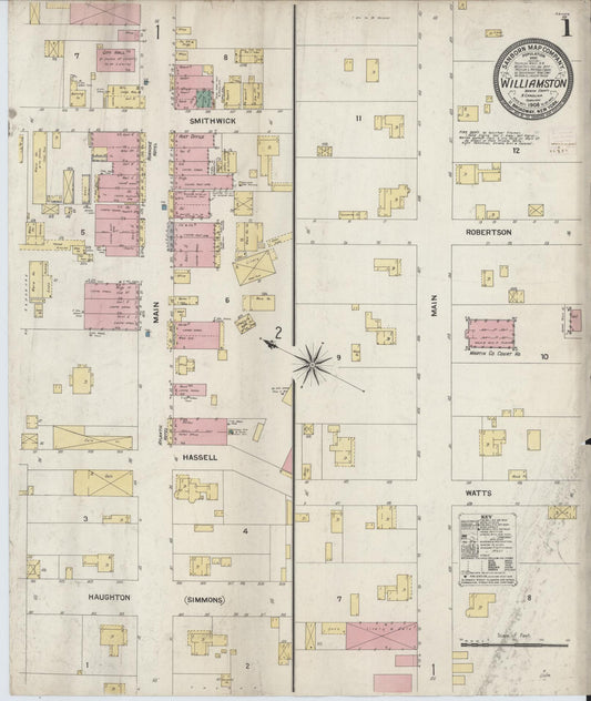 Sanborn Fire Insurance Map from Williamston, Martin County, North Carolina (1908), Sheet #0001 - Historic Sanborn Fire Insurance Map Print, vintage old map wall art, antique decor, genealogy gift, North Carolina North Carolina map