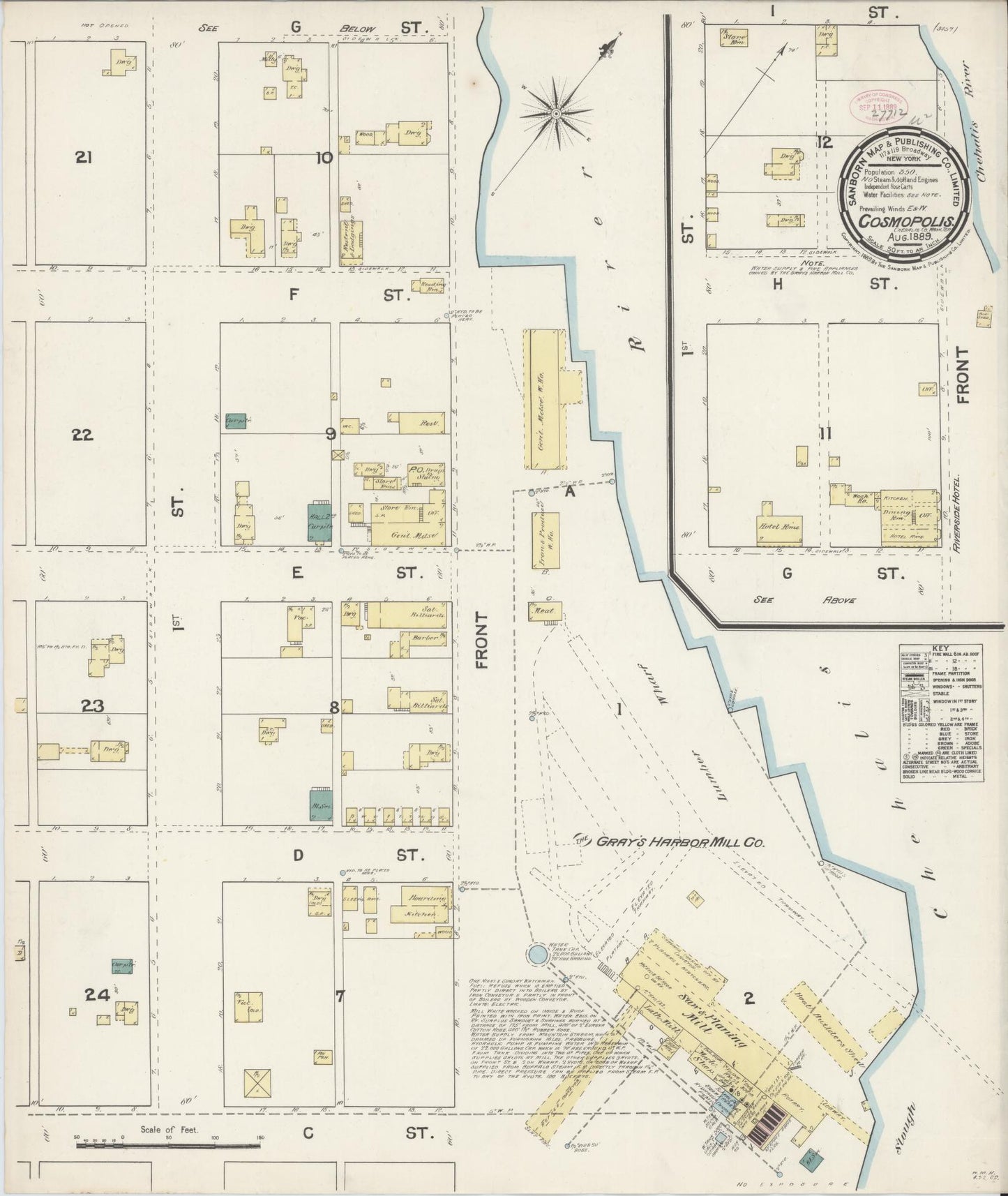Sanborn Fire Insurance Map from Cosmopolis, Grays Harbor County, Washington (1889), Sheet #0001 - Historic Sanborn Fire Insurance Map Print, vintage old map wall art, antique decor, genealogy gift, Washington Washington map