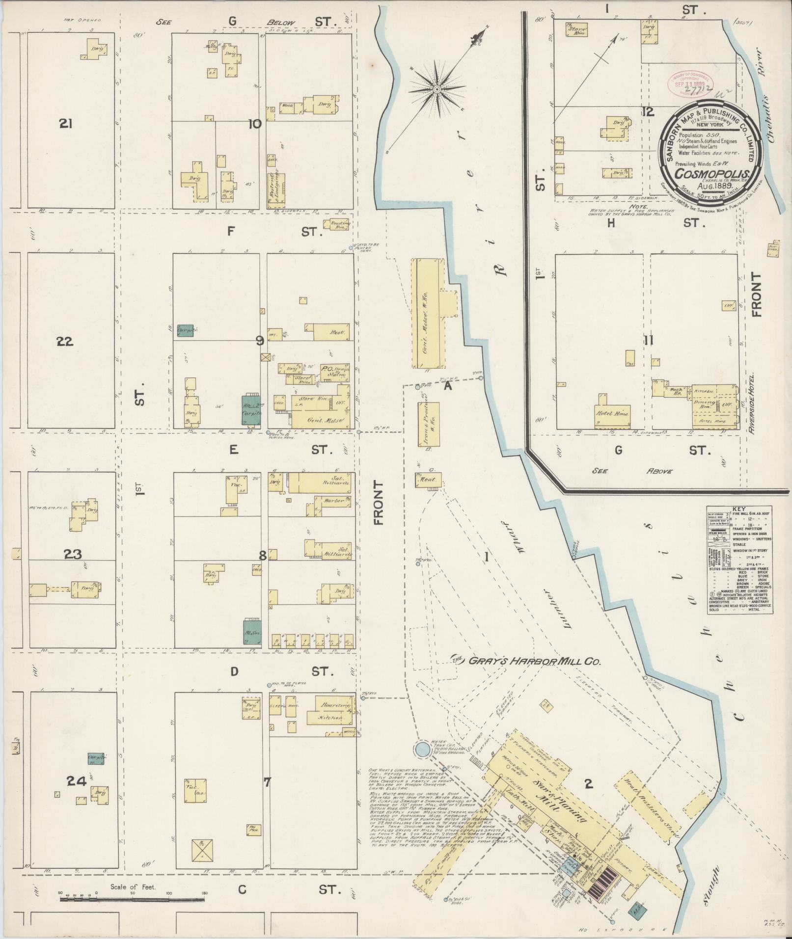 Sanborn Fire Insurance Map from Cosmopolis, Grays Harbor County, Washington (1889), Sheet #0001 - Historic Sanborn Fire Insurance Map Print, vintage old map wall art, antique decor, genealogy gift, Washington Washington map