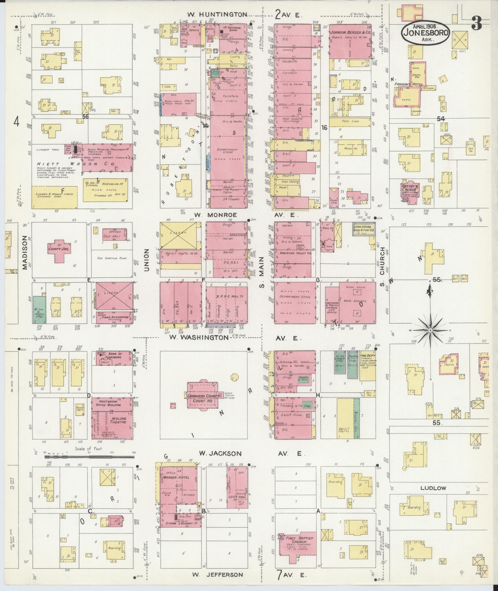 Sanborn Fire Insurance Map from Jonesboro, Craighead County, Arkansas (1908), Sheet #0003 - Complete Map Set gallery image, historic Sanborn map, vintage wall art, Arkansas Arkansas