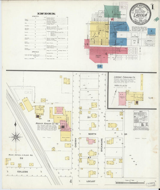 Sanborn Fire Insurance Map from Ladoga, Montgomery County, Indiana (1908), Sheet #0001 - Complete Map Set gallery image, historic Sanborn map, vintage wall art, Indiana Indiana
