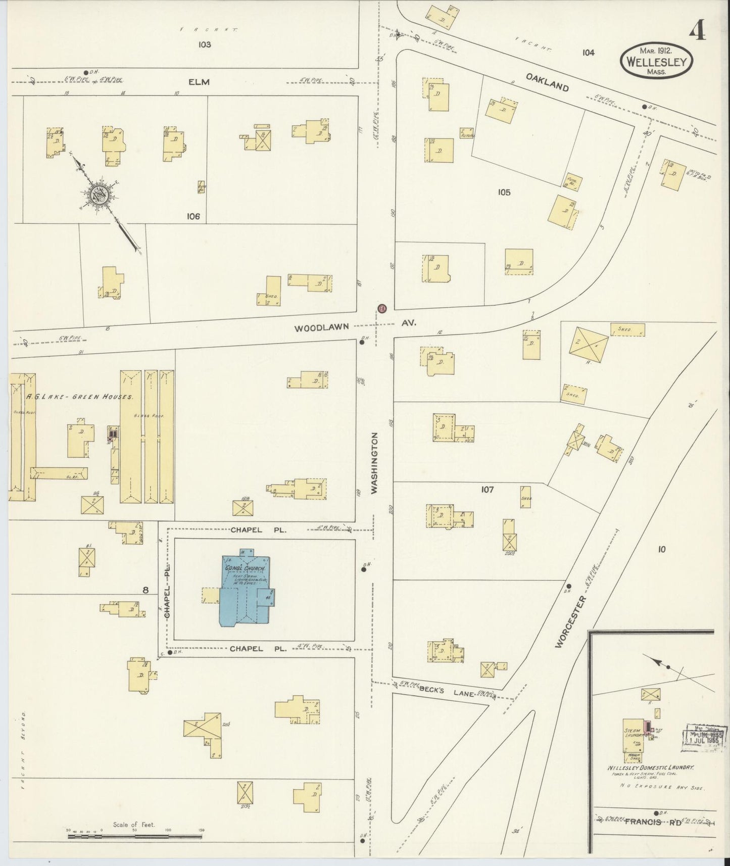 Sanborn Fire Insurance Map from Wellesley, Norfolk County, Massachusetts (1912), Sheet #0004 - Complete Map Set gallery image, historic Sanborn map, vintage wall art, Massachusetts Massachusetts