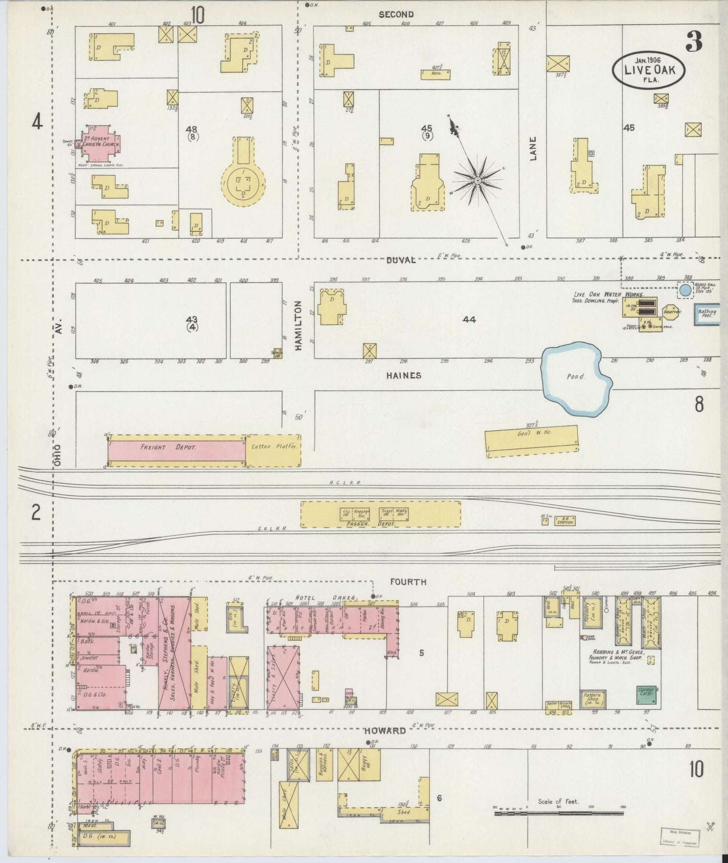 Sanborn Fire Insurance Map from Live Oak, Suwanee County, Florida (1906), Sheet #0003 - Historic Sanborn Fire Insurance Map Print, vintage old map wall art, antique decor, genealogy gift, Florida Florida map